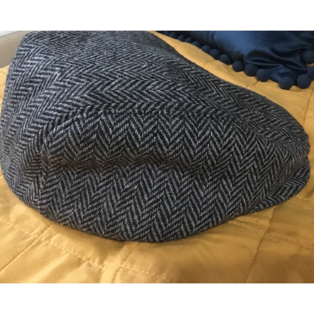Country Gentlemans Newsboy Flat Cap Driving Hat Gray Herringbone Wool USA Sz LG